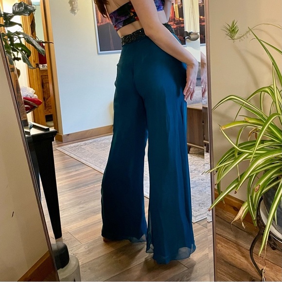 Cassandra Stone Vintage 100% Silk Teal Chiffon Wide Leg Pants with Beaded Waist - Picture 7 of 7
